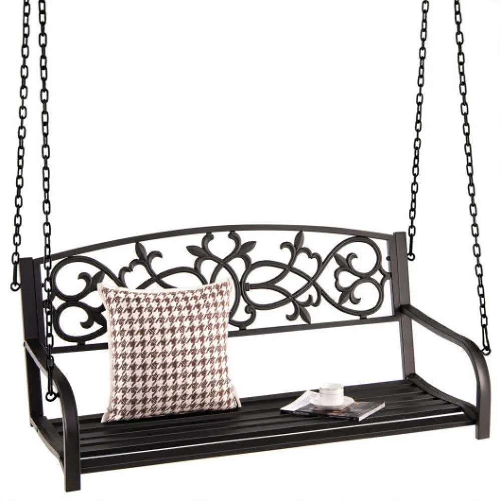 2-Person Outdoor Porch Metal Hanging Swing Chair with Sturdy Chains-Black