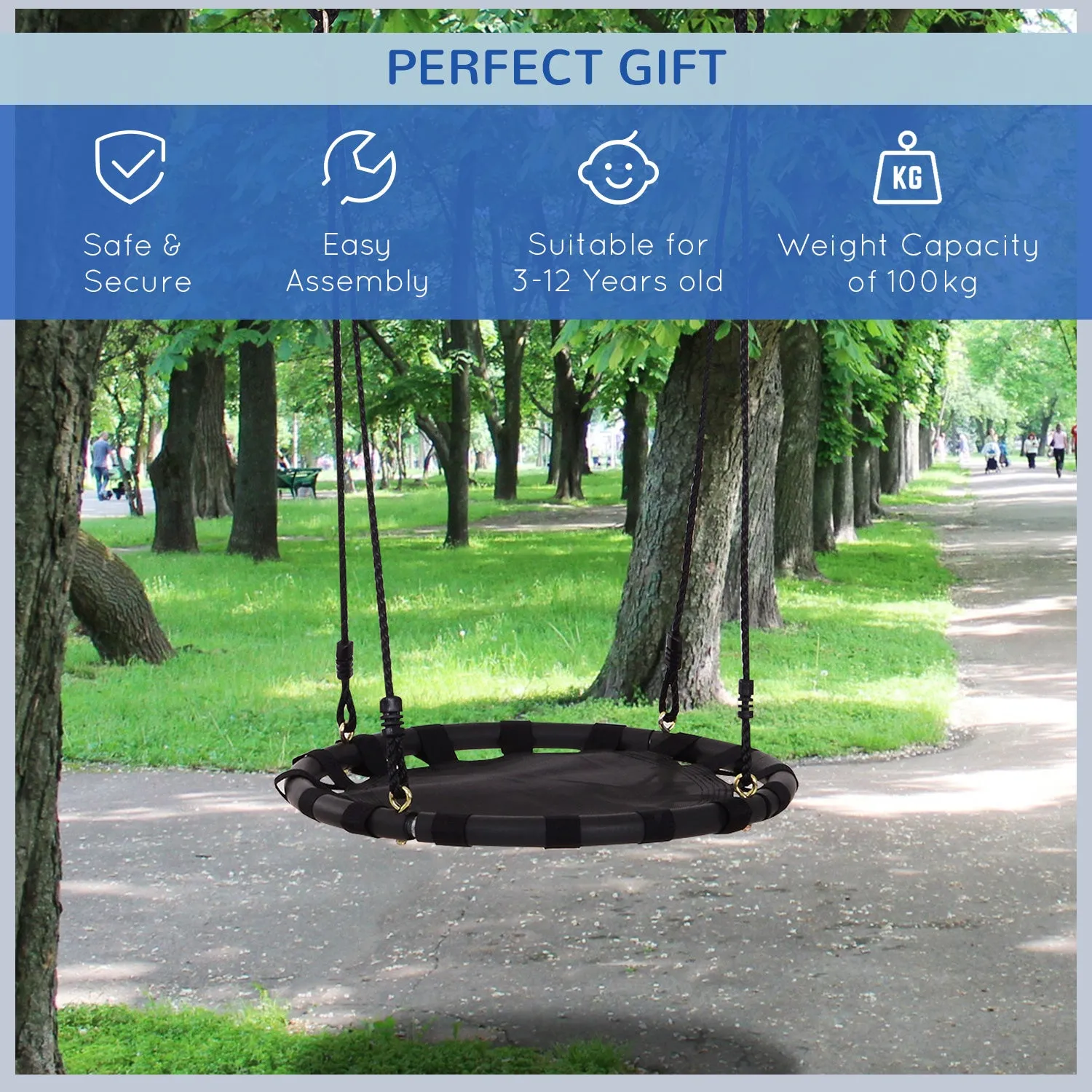 23.5 Inch/ 60 cm Kids Nest Swing Seat Round Hanging Tree Metal Frame Backyard Playground Outdoor Garden Backyard Play Toy Black