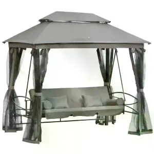 3 Seater Swing Chair Hammock Gazebo Patio Bench Outdoor with Double Tier Canopy, Cushioned Seat, Mesh Sidewalls, Grey