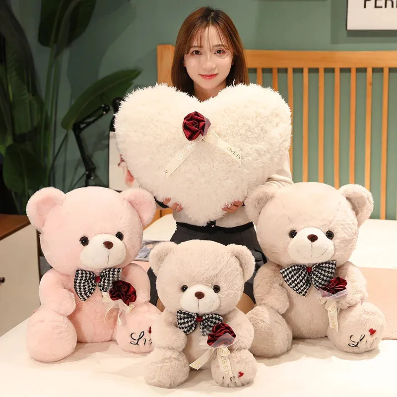 35-50cm Kawaii Teddy Bear Plush Stuffed Animal Doll Pillow Rose Bow Tie Accessories Dress Up Valentine's Day Girlfriend Gifts