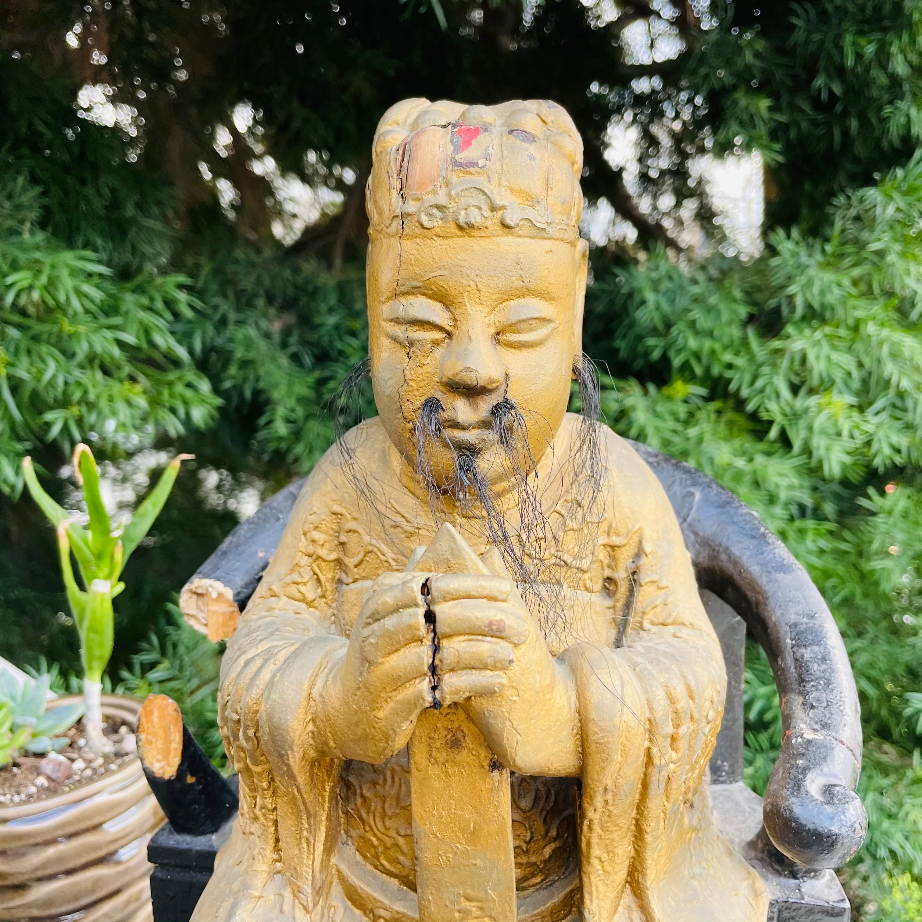 Antique Wood Carved Gold Paint Spiritual Asian Seated Guardian Folk Art Decor