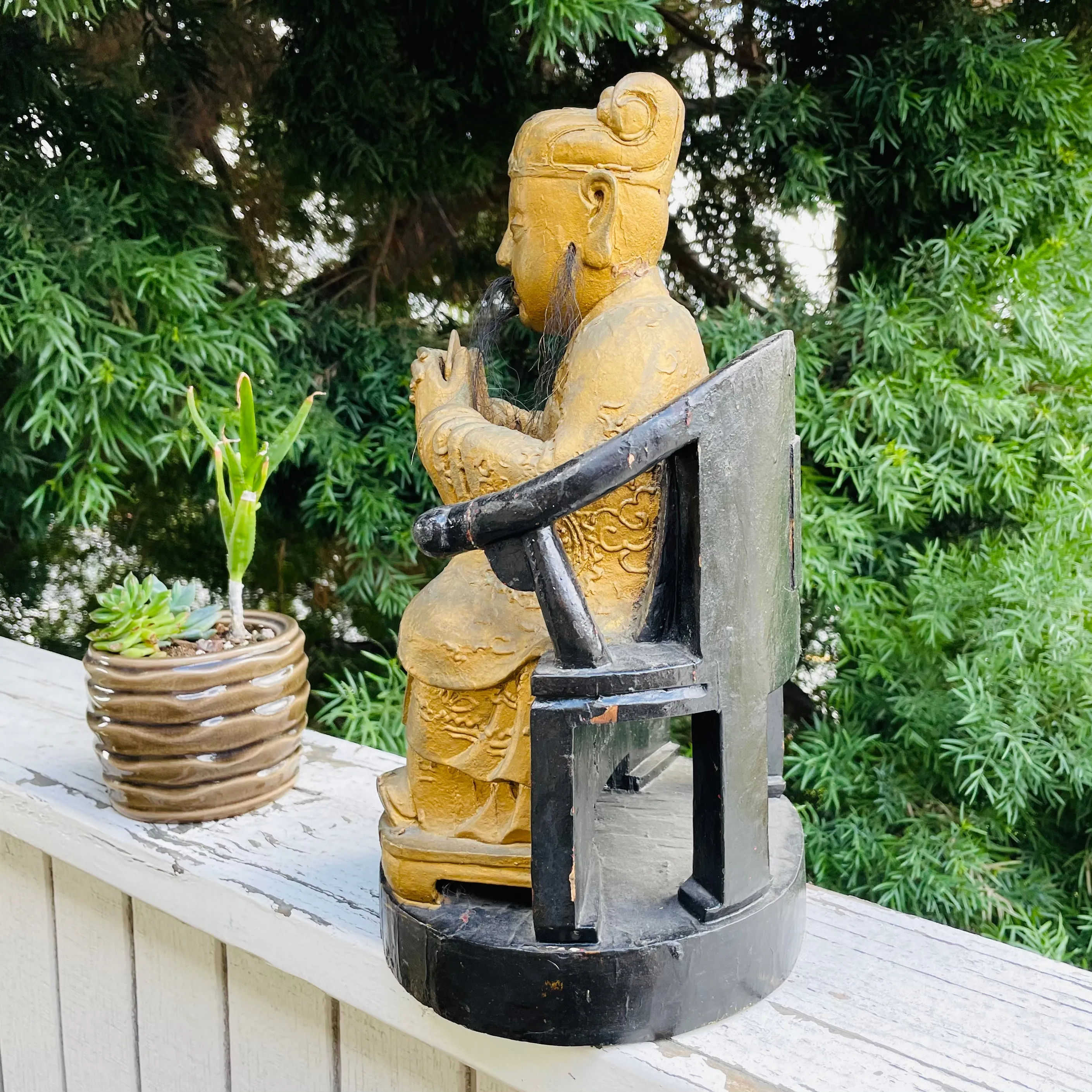 Antique Wood Carved Gold Paint Spiritual Asian Seated Guardian Folk Art Decor