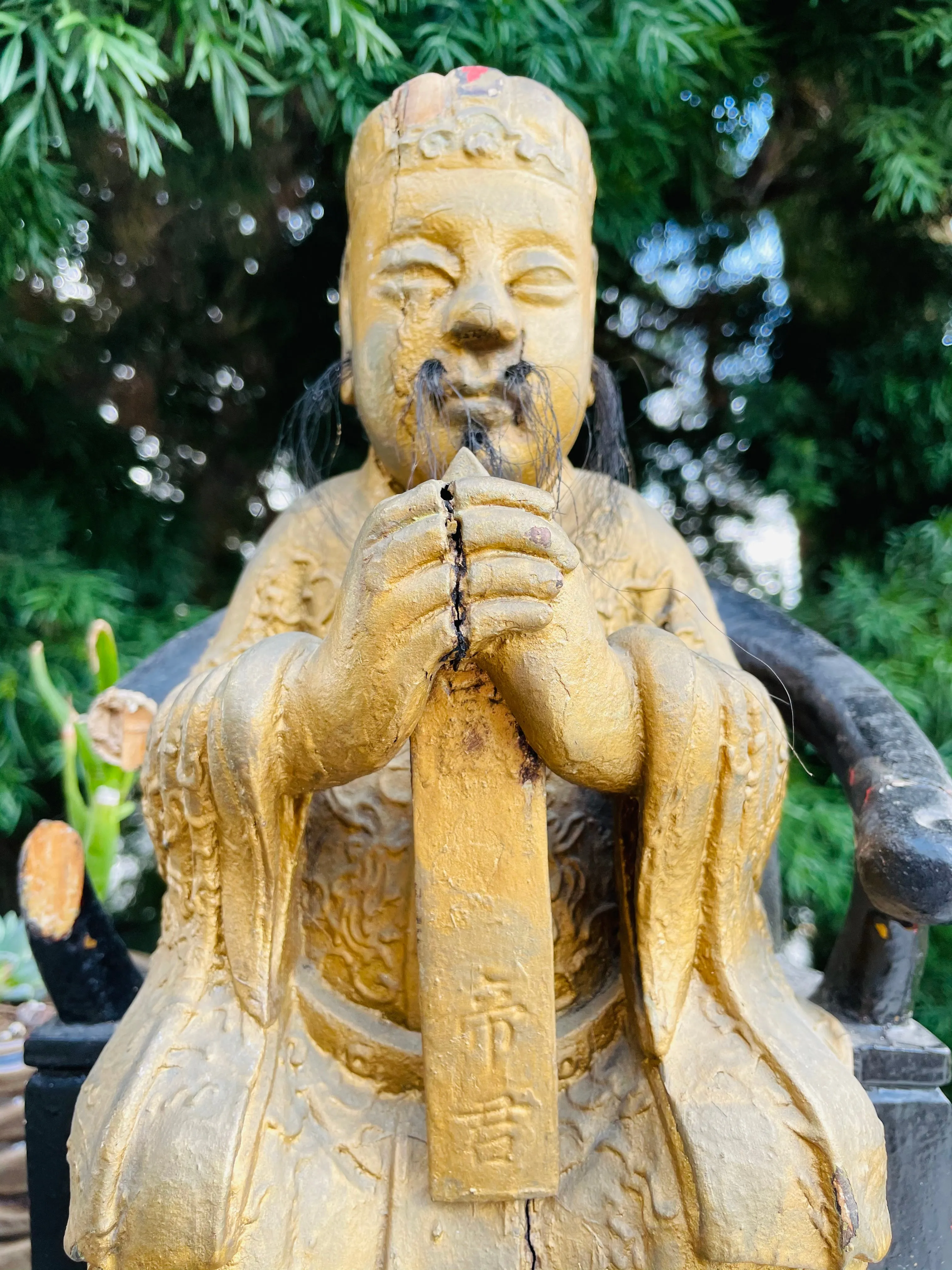 Antique Wood Carved Gold Paint Spiritual Asian Seated Guardian Folk Art Decor