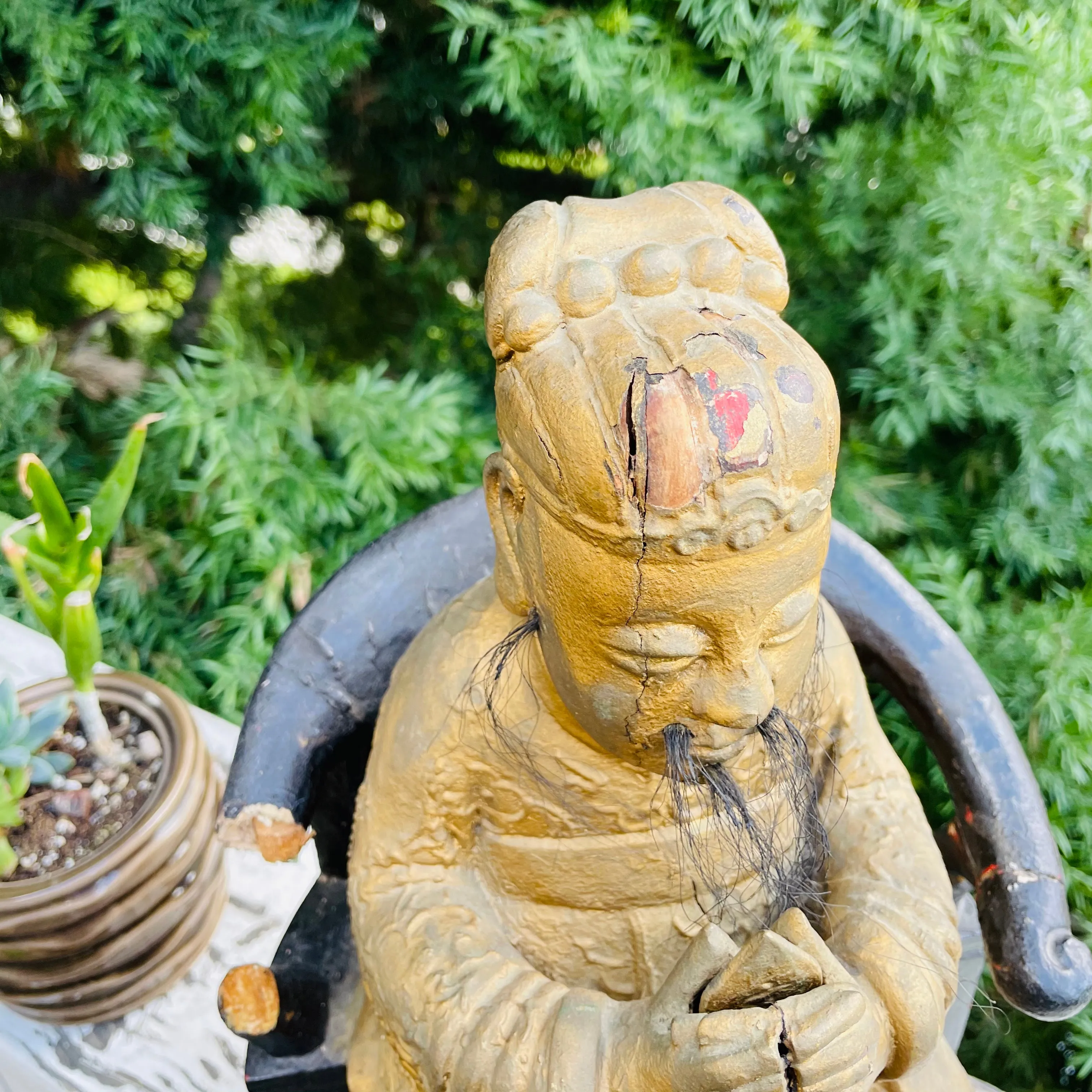 Antique Wood Carved Gold Paint Spiritual Asian Seated Guardian Folk Art Decor