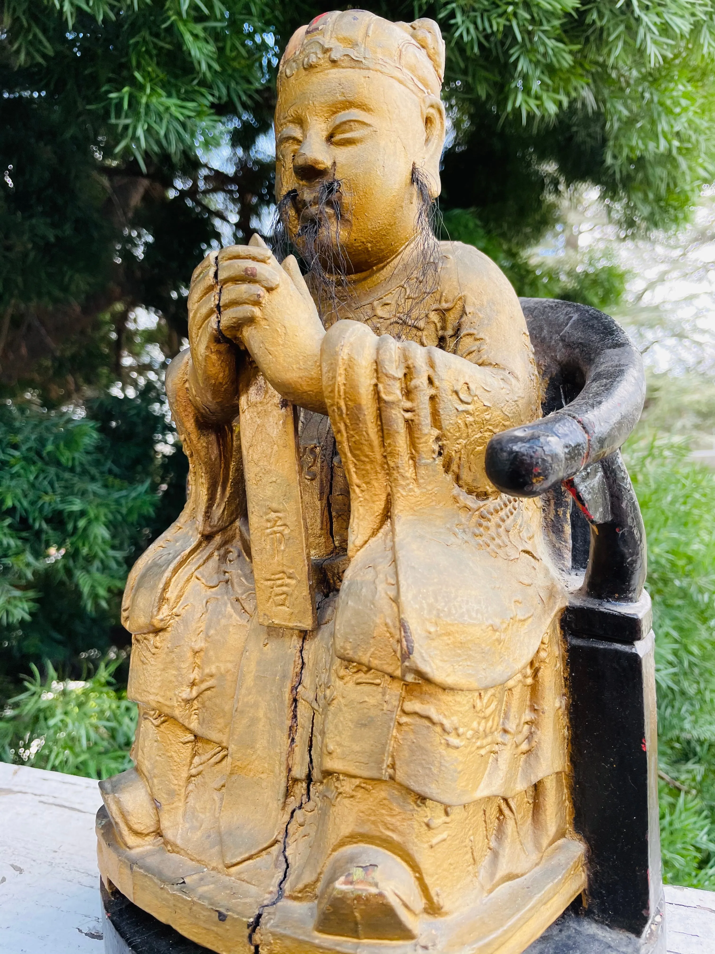 Antique Wood Carved Gold Paint Spiritual Asian Seated Guardian Folk Art Decor