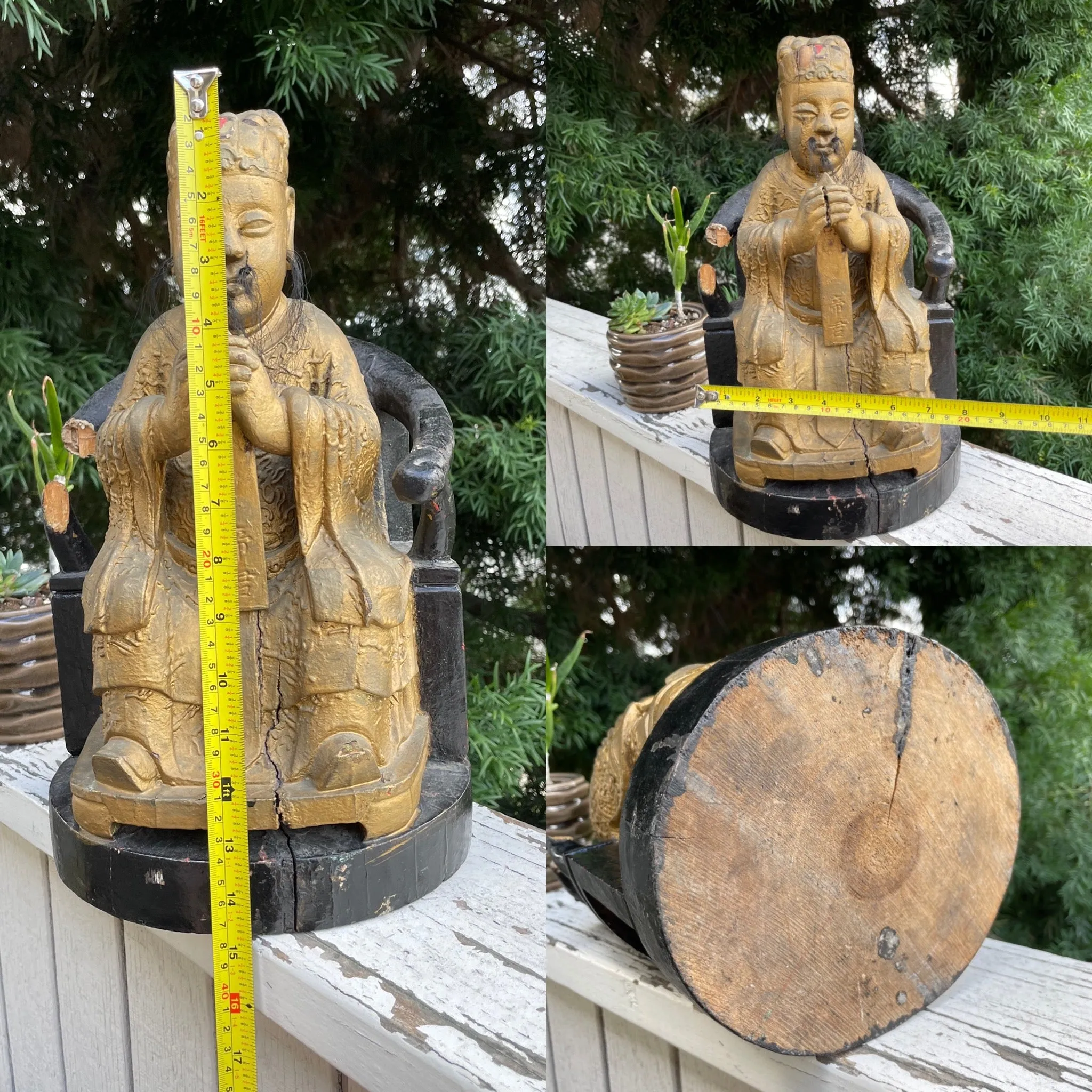 Antique Wood Carved Gold Paint Spiritual Asian Seated Guardian Folk Art Decor