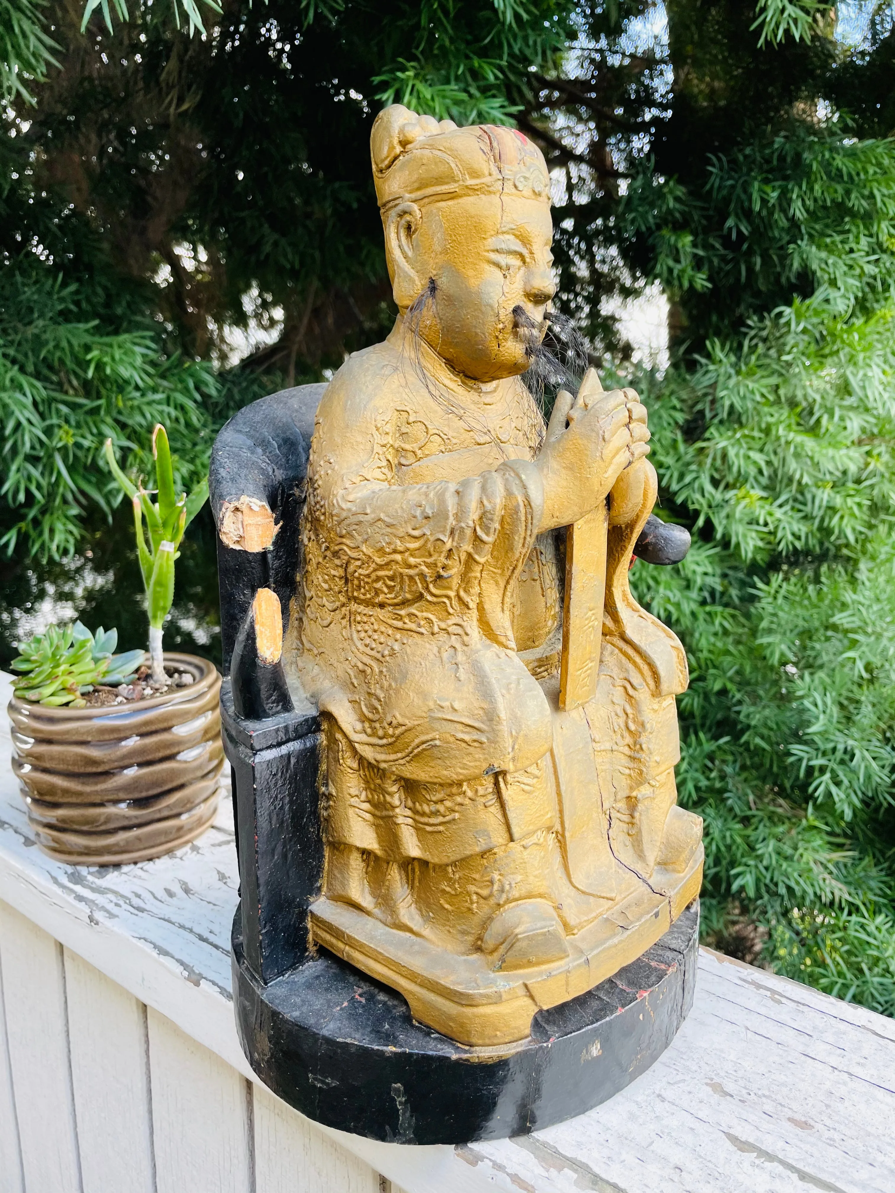 Antique Wood Carved Gold Paint Spiritual Asian Seated Guardian Folk Art Decor