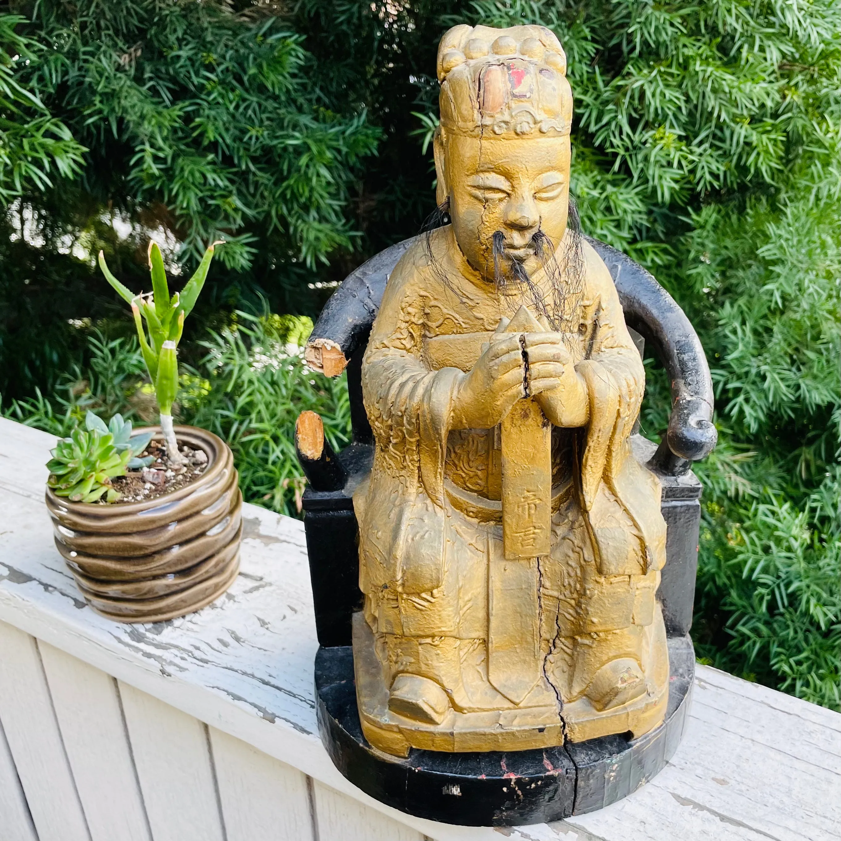 Antique Wood Carved Gold Paint Spiritual Asian Seated Guardian Folk Art Decor