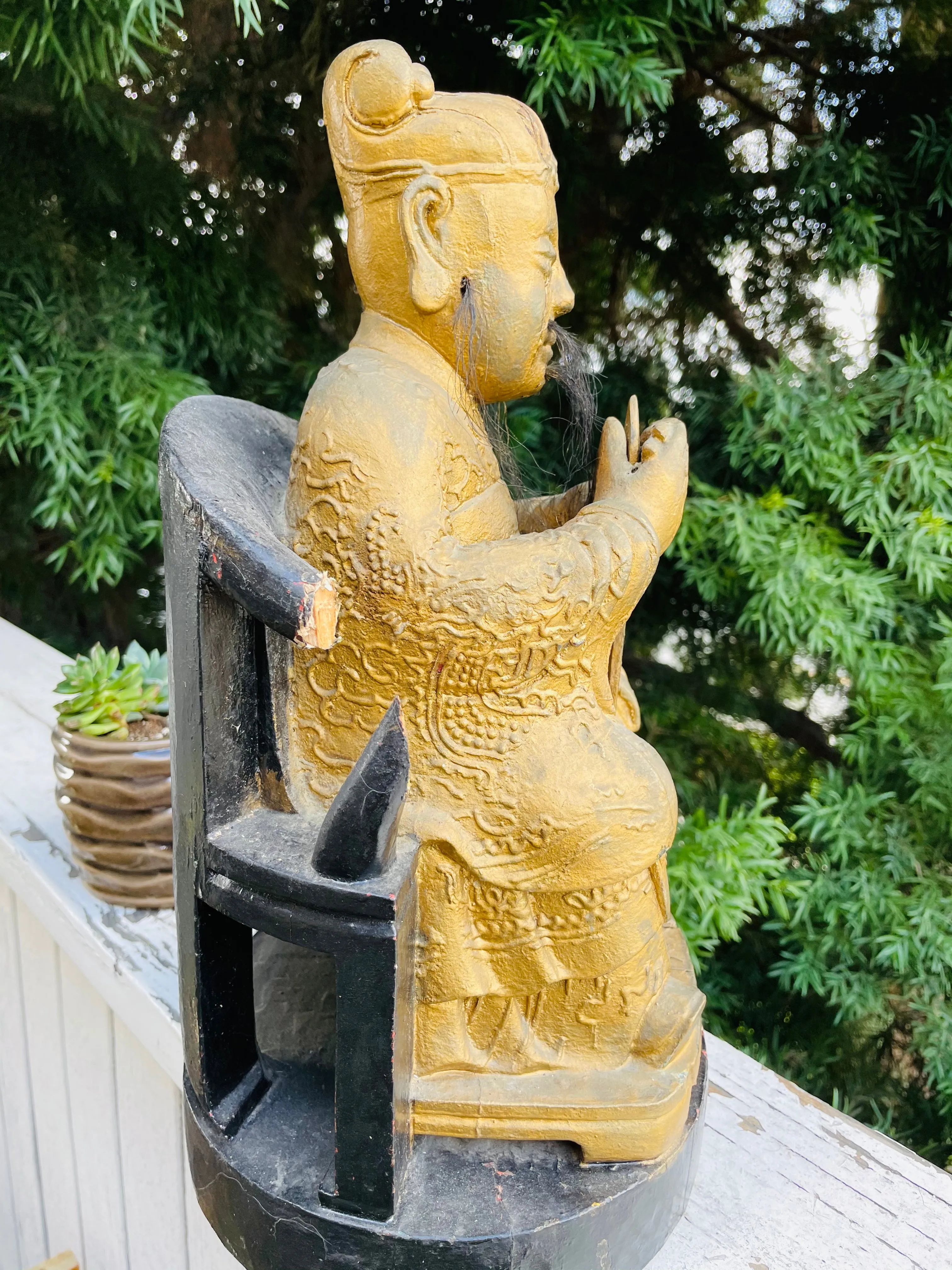 Antique Wood Carved Gold Paint Spiritual Asian Seated Guardian Folk Art Decor