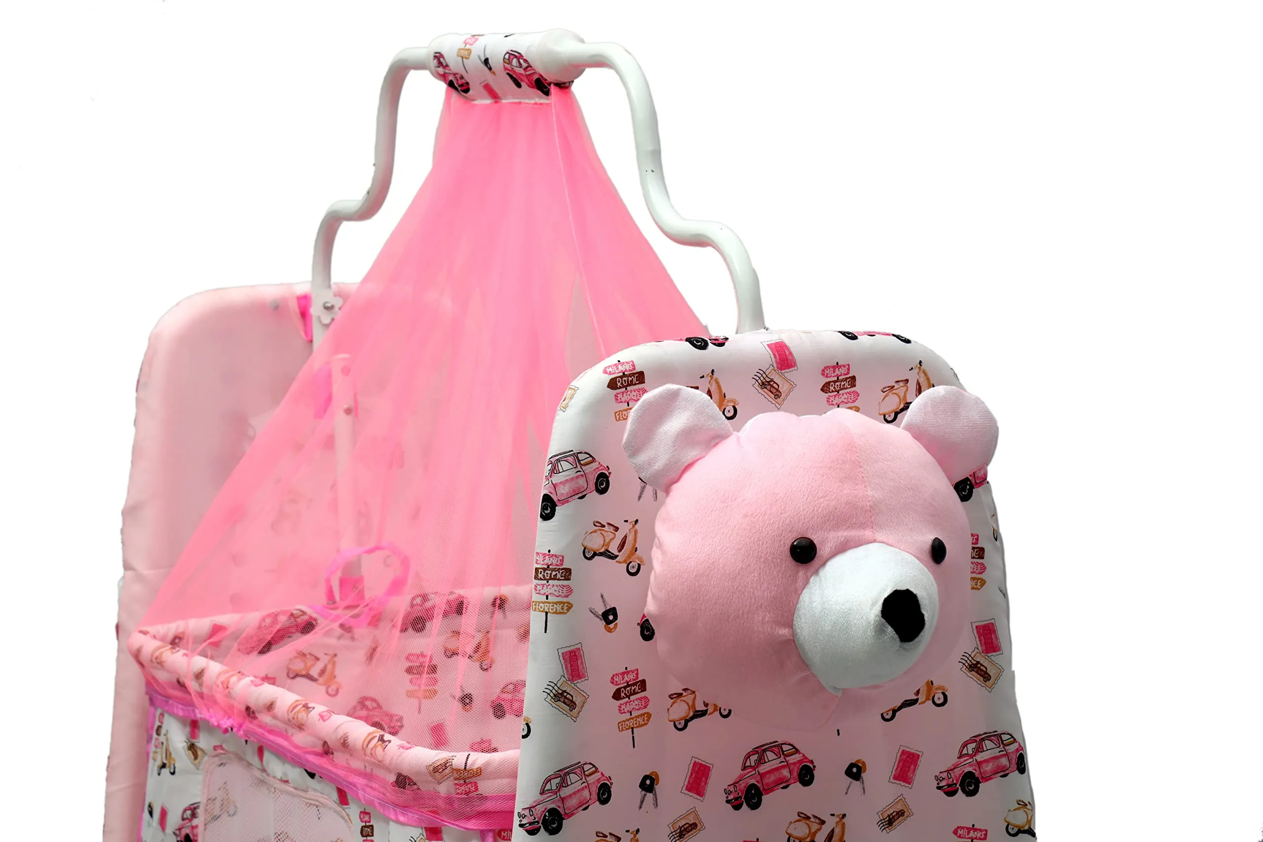 BABYBLESSING Baby Cradle with Swing and Mosquito Net | with Swing Lock | Foldable | Sturdy and Safe | Durable | with Mosquito Net & Pillow | Jhulla | Baby Swing | 0-15 Months | Pink