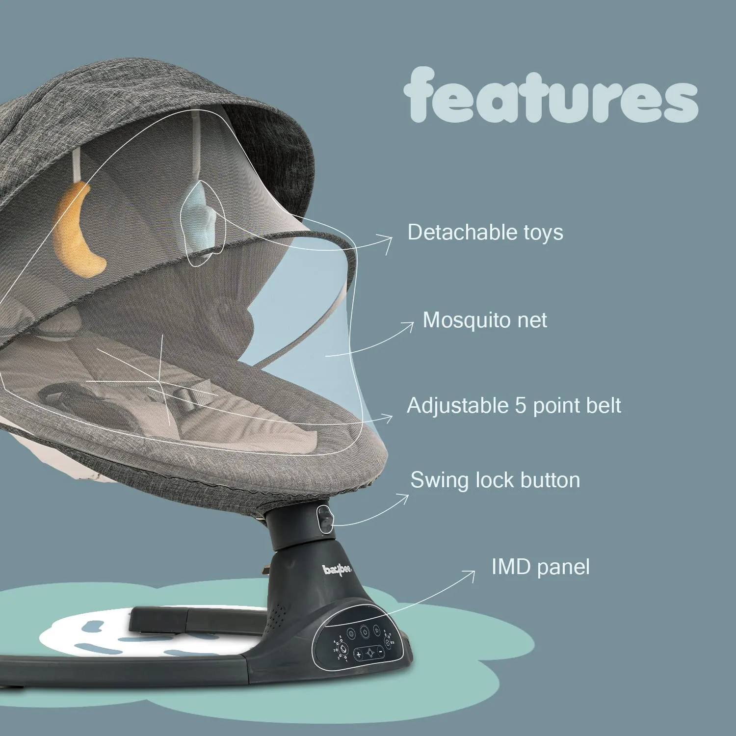 Baybee Premium Automatic Electric Baby Swing Cradle with Adjustable Swing Speed, Soothing Music | Baby Rocker with Mosquito Net, Safety Belt & Removable Baby Toys Swing for Baby (Black)