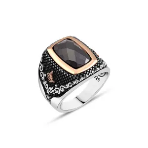 Facet Cut Black Zircon Stone Rentangular Silver Men's Ring Siding Ottoman Tughra and Branch Pattern