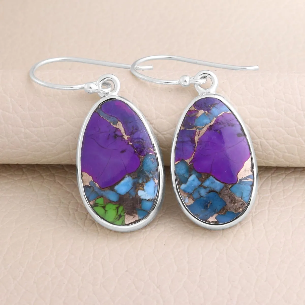 Green Purple Copper Turquoise Earring Sterling Silver Earring Drop Earring Silver Turquoise Earring 14X41mm Pear Shape Earring