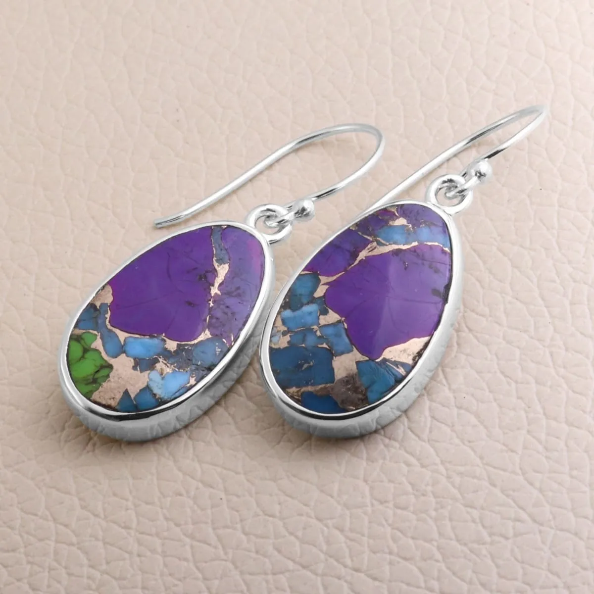 Green Purple Copper Turquoise Earring Sterling Silver Earring Drop Earring Silver Turquoise Earring 14X41mm Pear Shape Earring