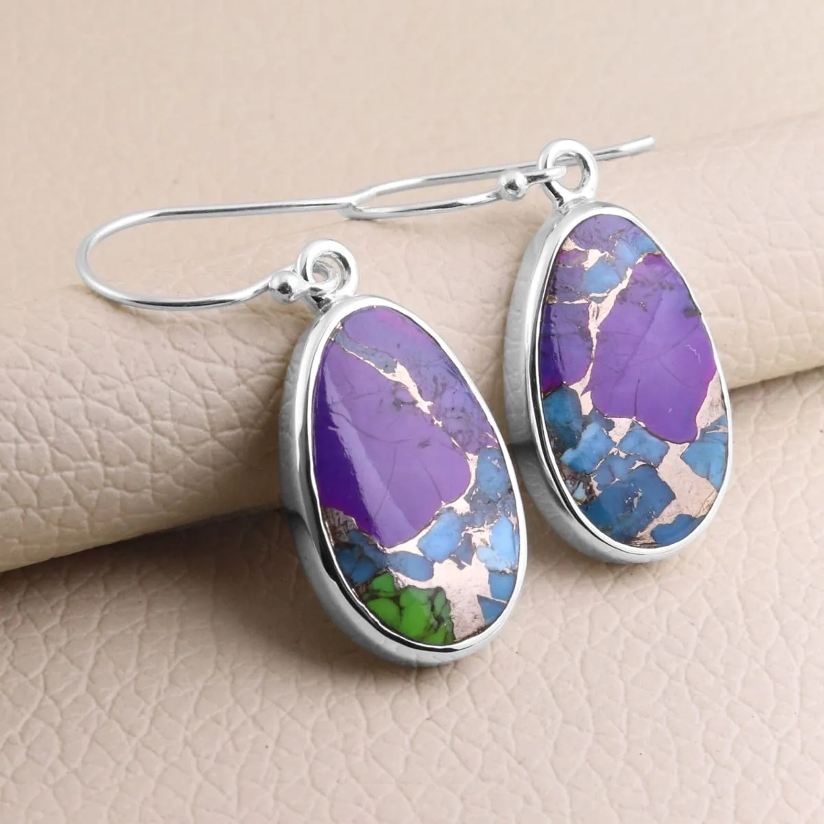 Green Purple Copper Turquoise Earring Sterling Silver Earring Drop Earring Silver Turquoise Earring 14X41mm Pear Shape Earring