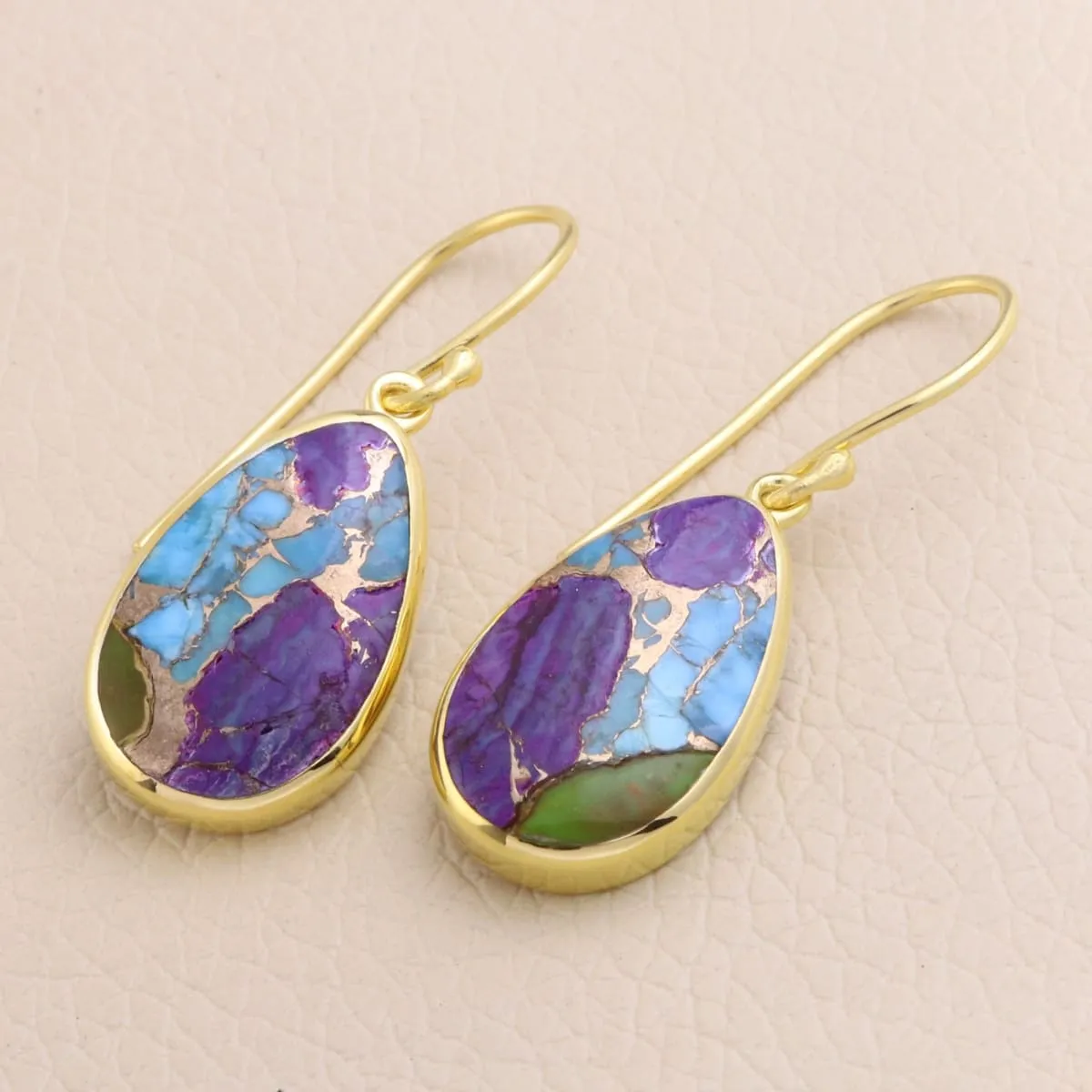 Green Purple Copper Turquoise Earring Sterling Silver Earring Drop Earring Silver Turquoise Earring 14X41mm Pear Shape Earring