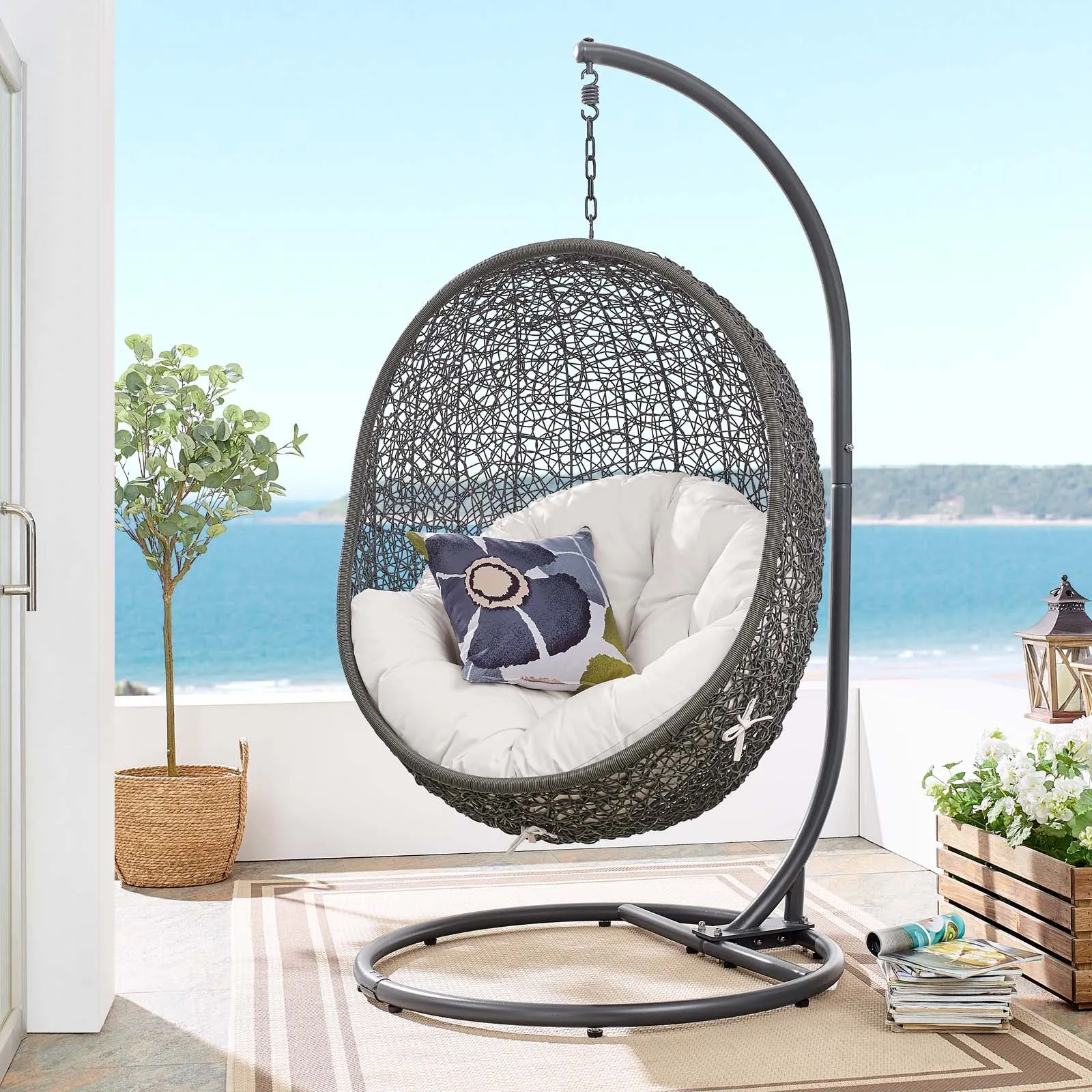 Hide Outdoor Patio Sunbrella® Swing Chair With Stand Gray White EEI-3929-GRY-WHI