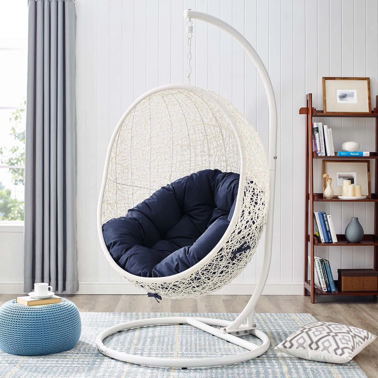 Hide Outdoor Patio Swing Chair With Stand White Navy EEI-2273-WHI-NAV