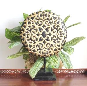 Home Decorations: Large Floral inspired beautiful Asian carved wooden disc mounted on a stand. H 54 cm