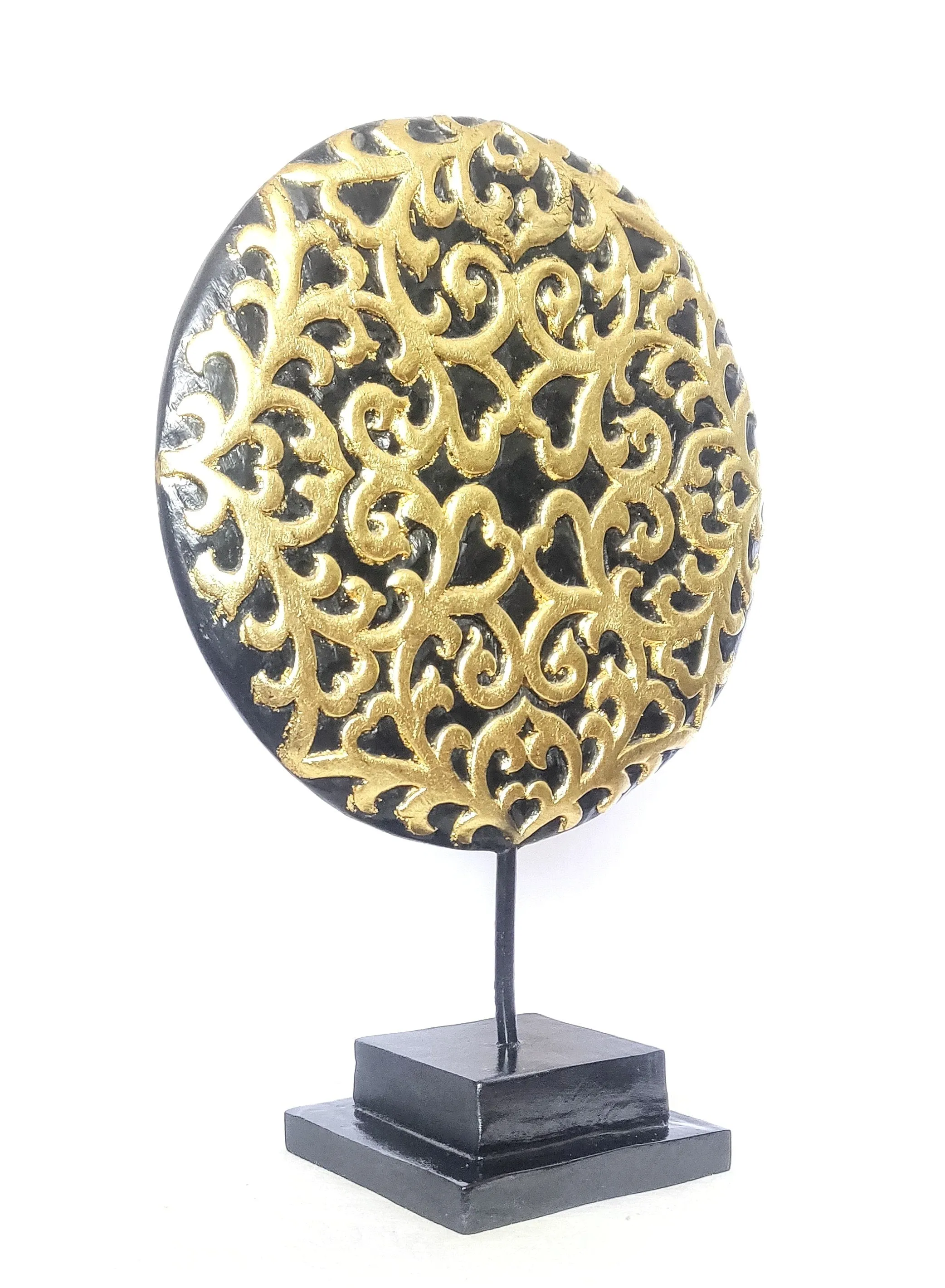 Home Decorations: Large Floral inspired beautiful Asian carved wooden disc mounted on a stand. H 54 cm