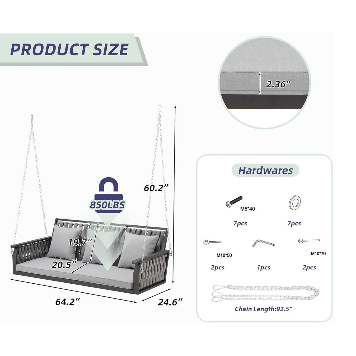 Homrest 3-Seat Patio Hanging Porch Swing, Heavy Duty 850 LBS, Gray