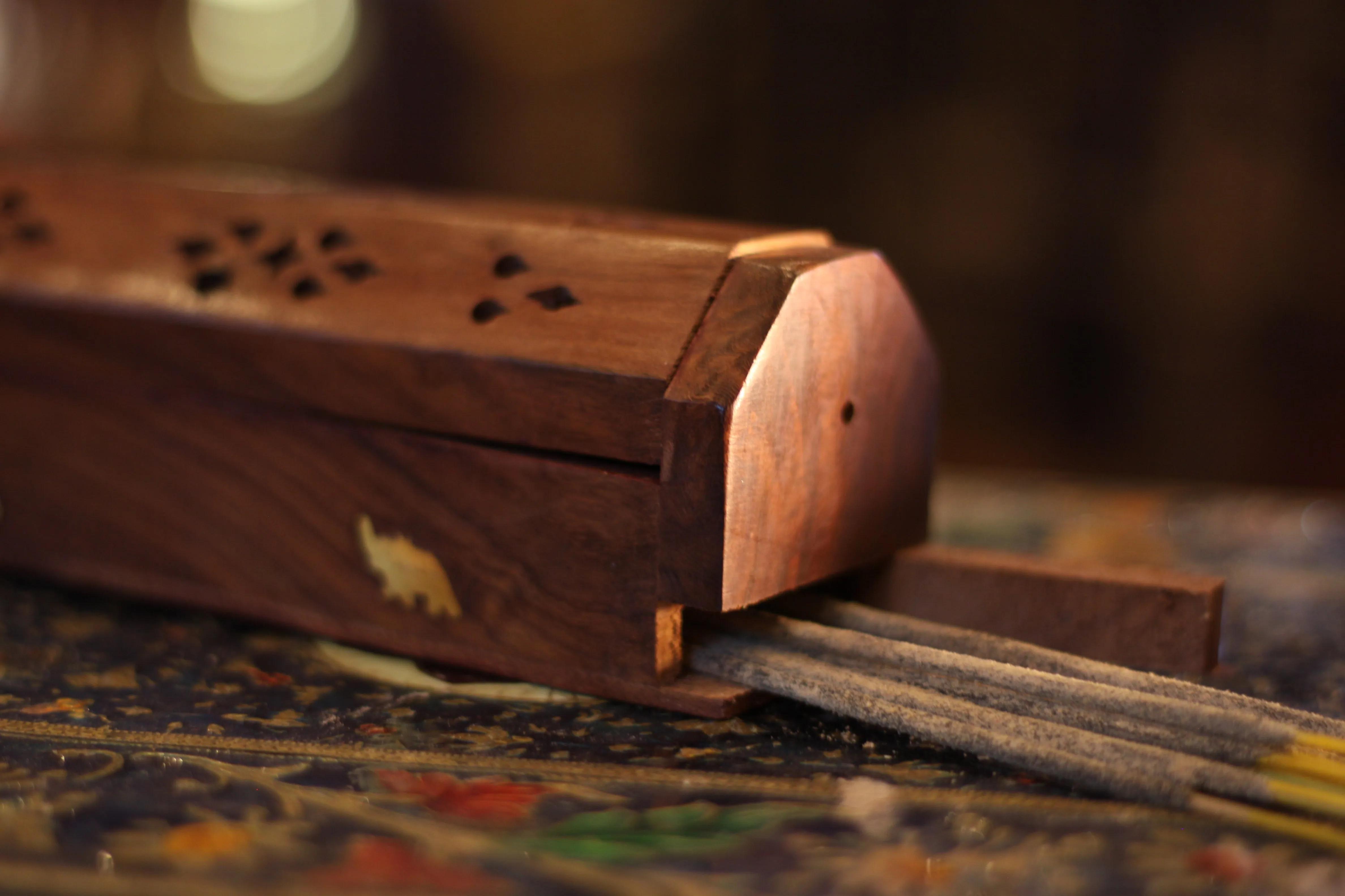 Incense Burner - Wooden Box with Storage - Elephant