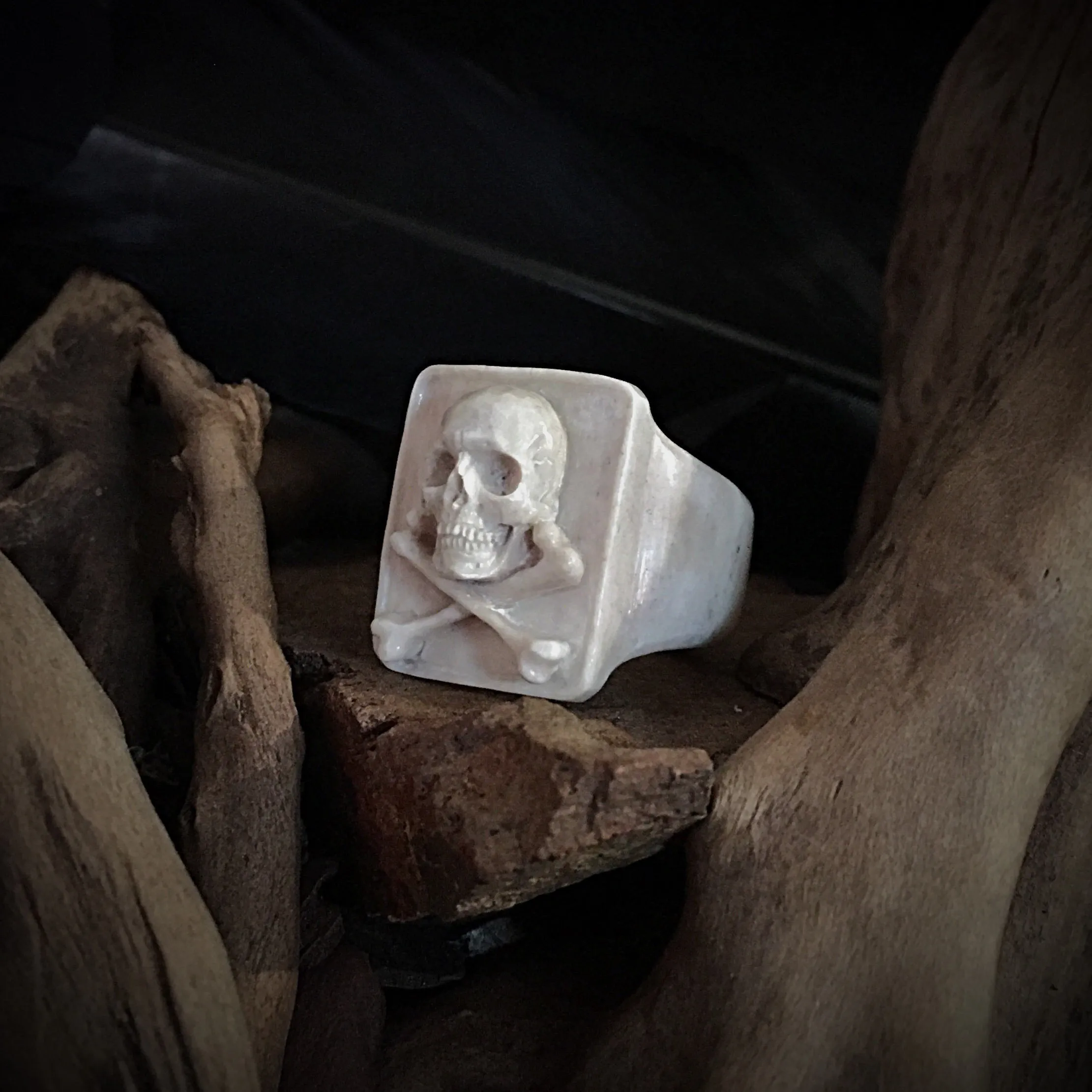 Jolly Roger carved bone ring