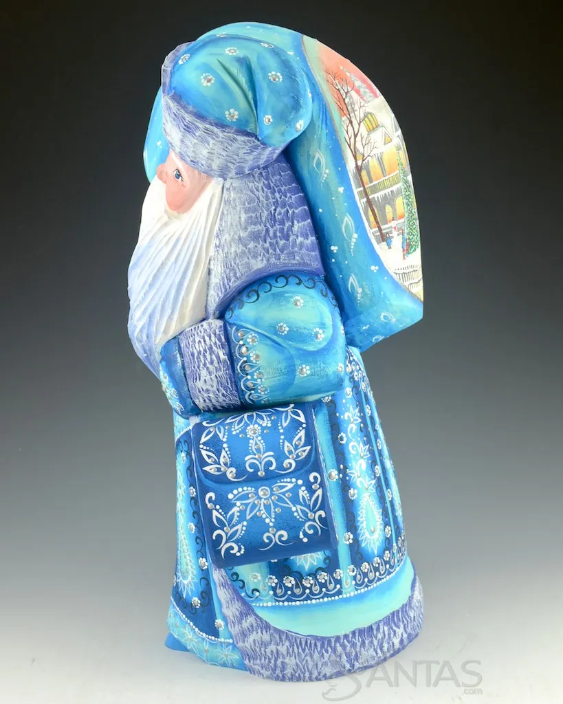 Large and Decorative Blue Russian Santa with Satchel