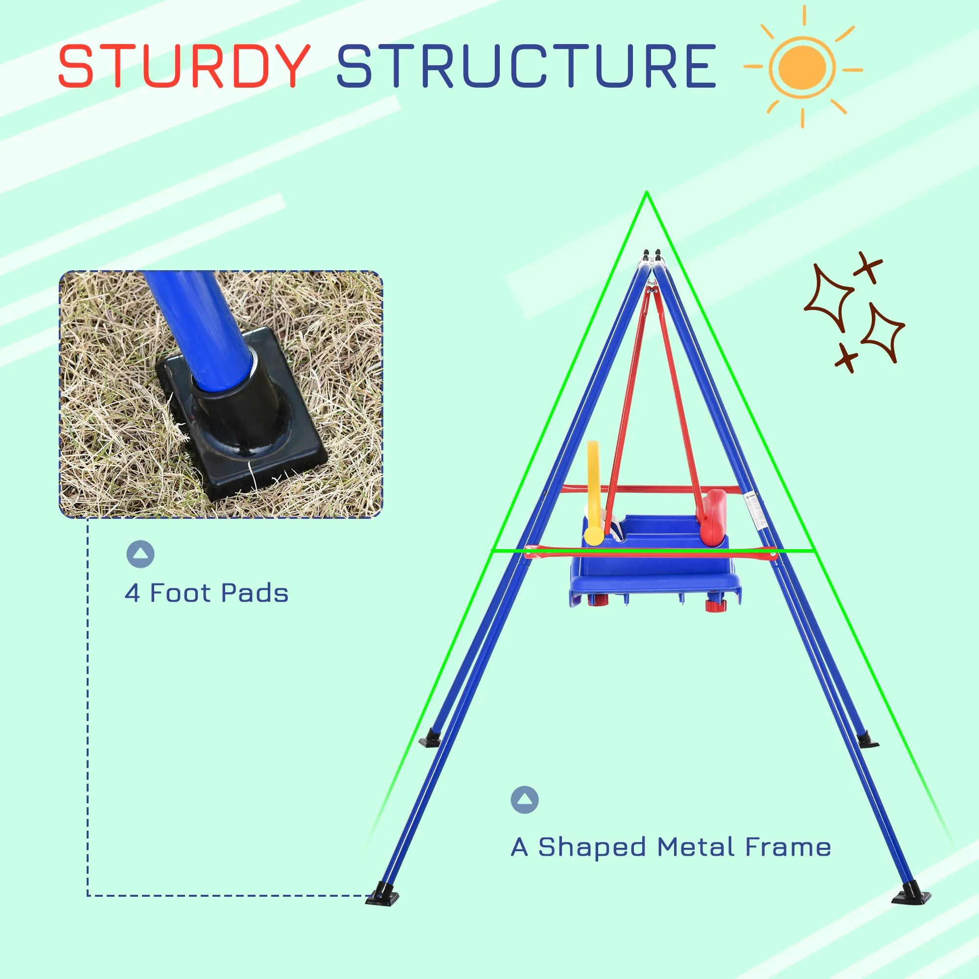 Metal Kids Swing Set with Baby Seat Safety Harness A-Frame Stand for Backyard