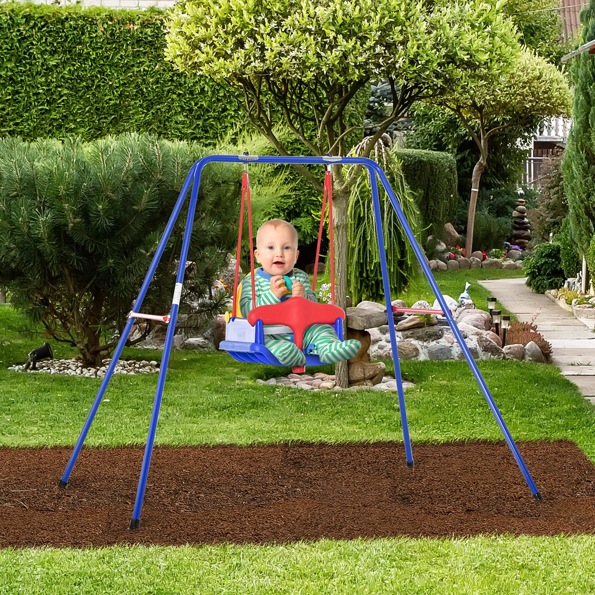 Metal Kids Swing Set with Baby Seat Safety Harness A-Frame Stand for Backyard