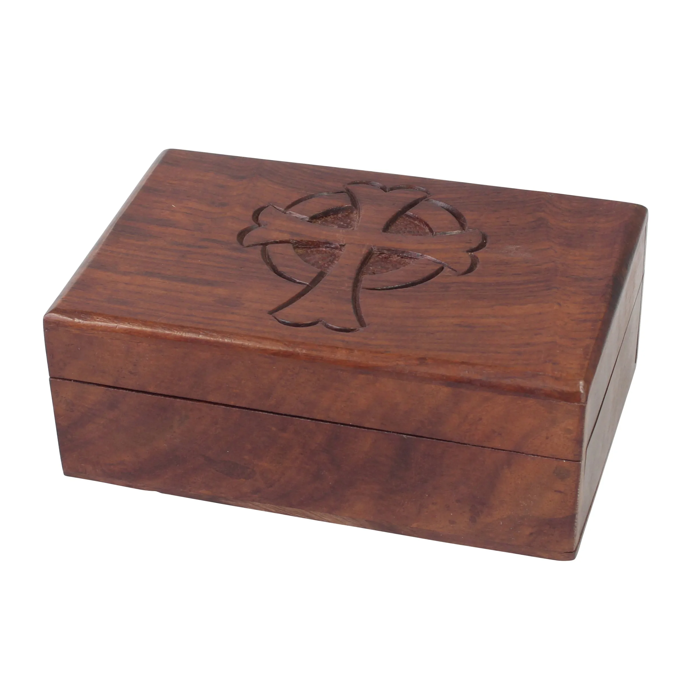 Natural Wooden Box with Carved Cross & Hinged Lid