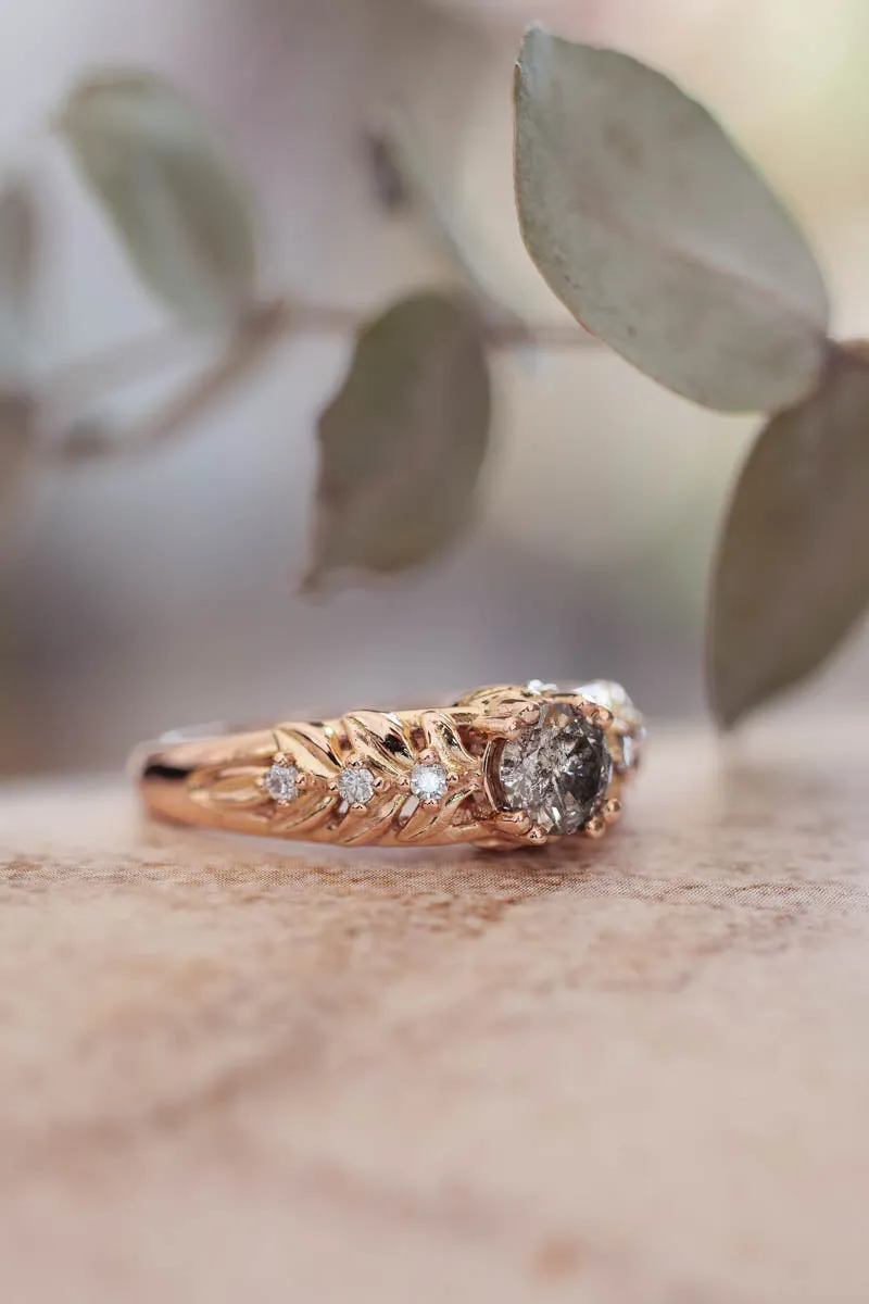 Nature inspired engagement ring with salt & pepper diamond / Silvestra