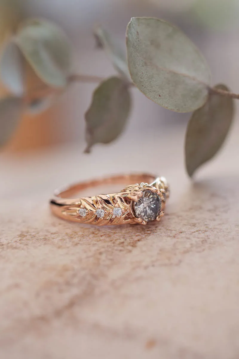 Nature inspired engagement ring with salt & pepper diamond / Silvestra