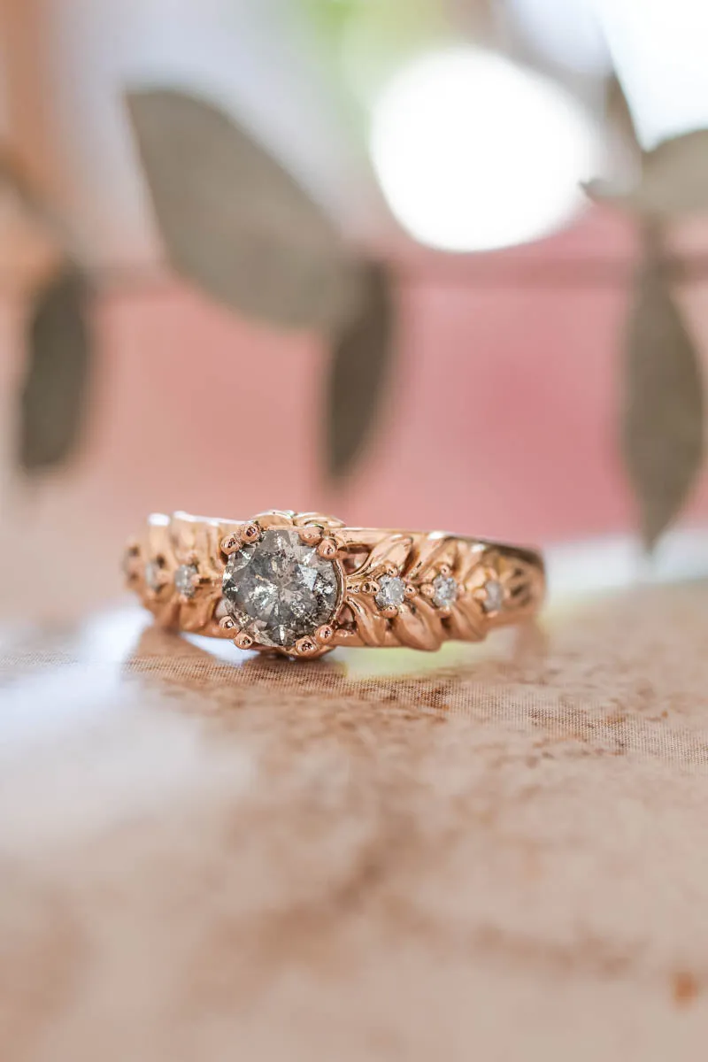 Nature inspired engagement ring with salt & pepper diamond / Silvestra