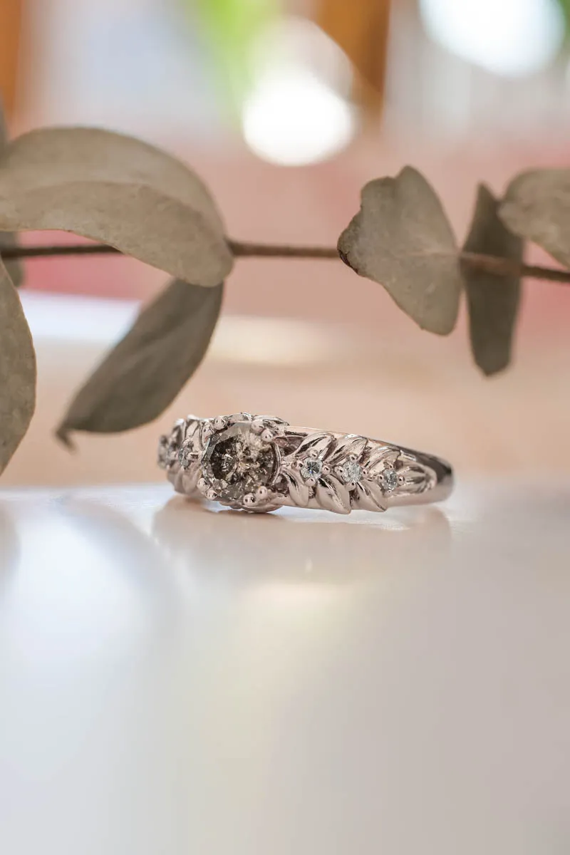 Nature inspired engagement ring with salt & pepper diamond / Silvestra