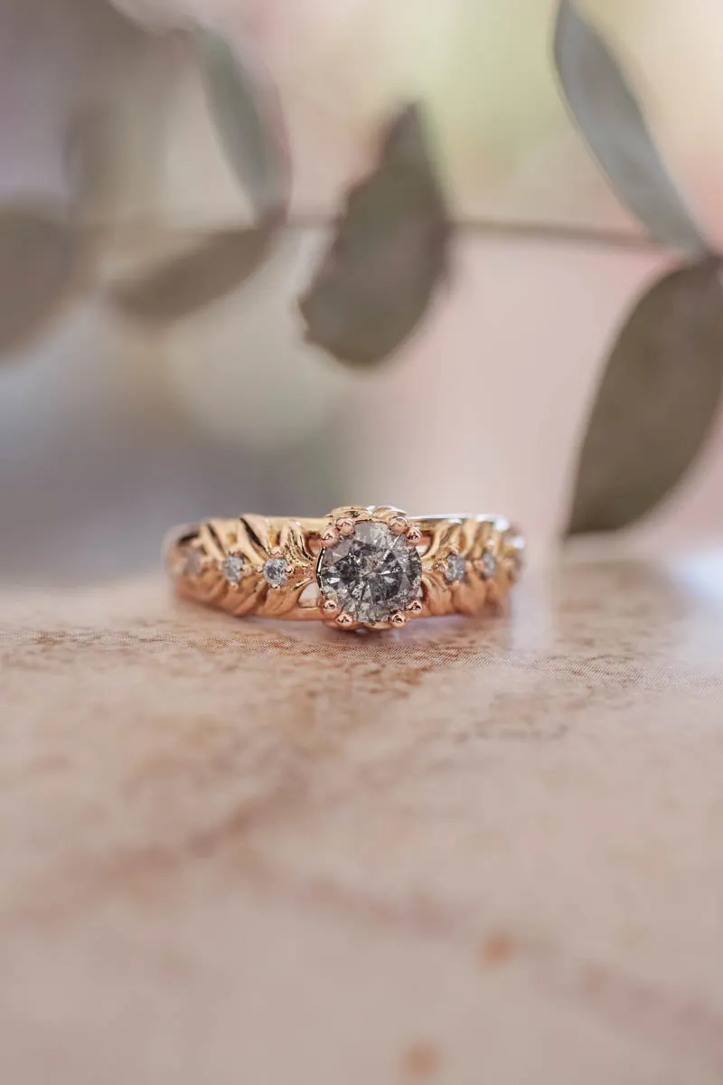 Nature inspired engagement ring with salt & pepper diamond / Silvestra