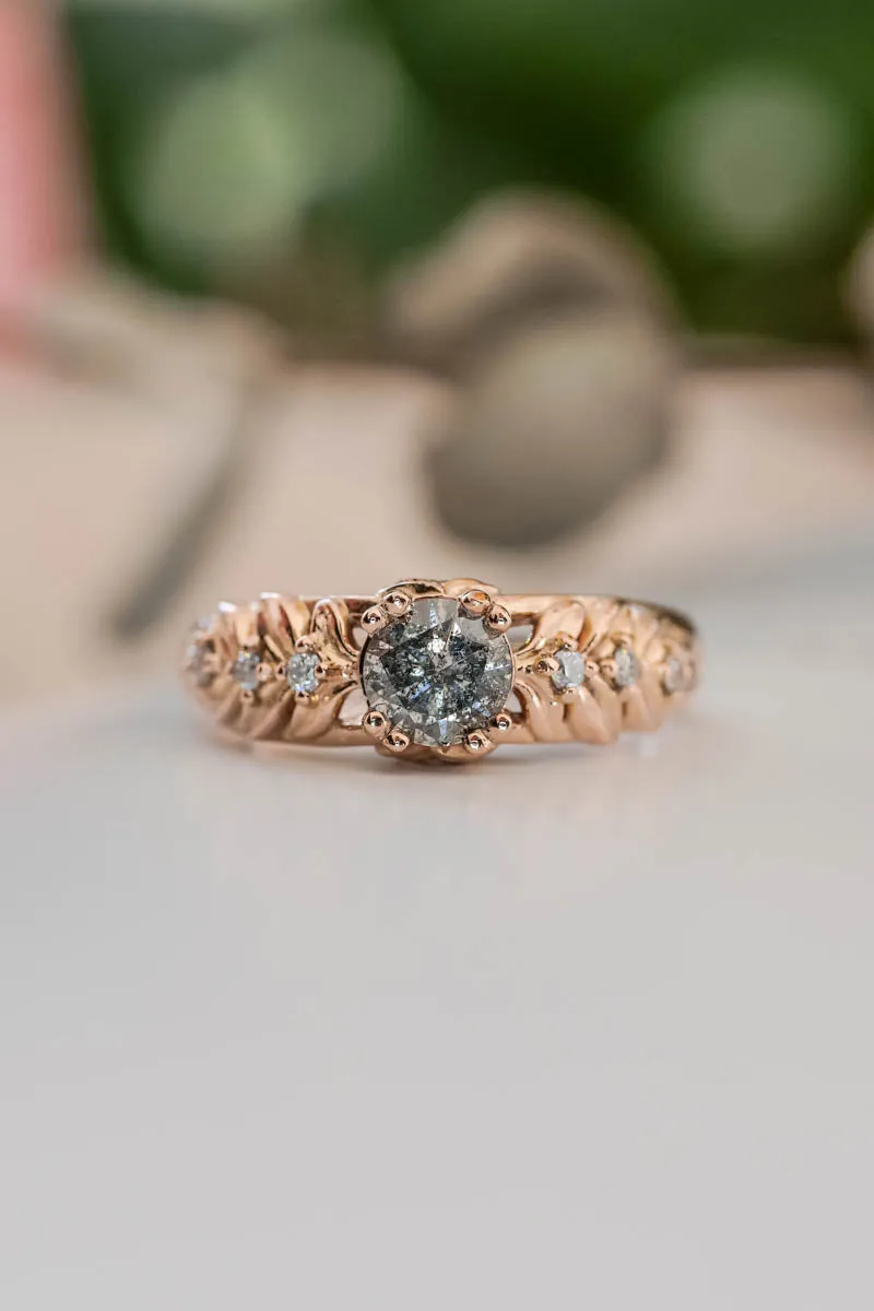 Nature inspired engagement ring with salt & pepper diamond / Silvestra