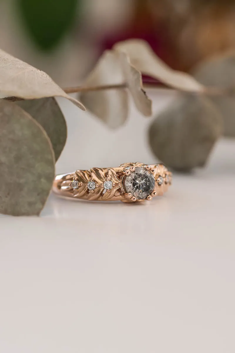 Nature inspired engagement ring with salt & pepper diamond / Silvestra