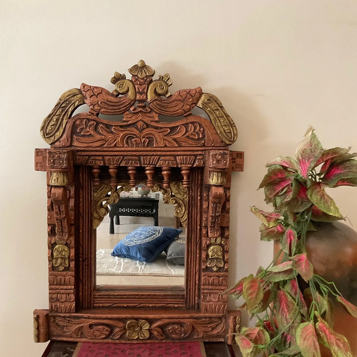 Peacock Decorative Wooden Jharoka With Mirror - Wall Decor