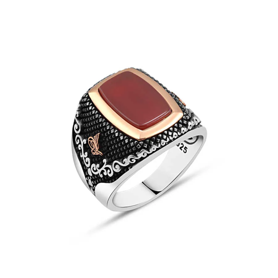 Plain Red Agate Stone Rentangular Silver Men's Ring Siding Ottoman Tughra and Branch Pattern