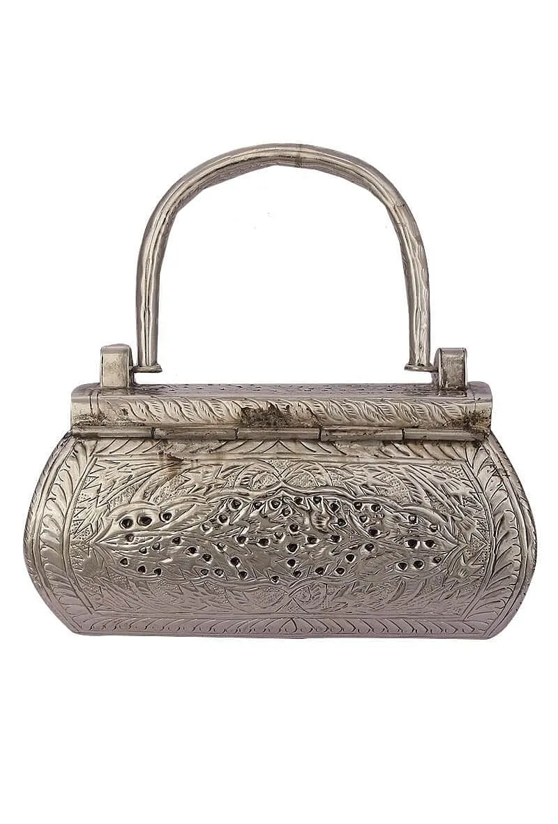 Qafila Silver Plated Brass Box Clutch Bag (7.5"x4"x2.2")