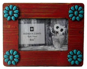 Red Picture Frame with Turquoise Squash Blossoms, 4" x 6"