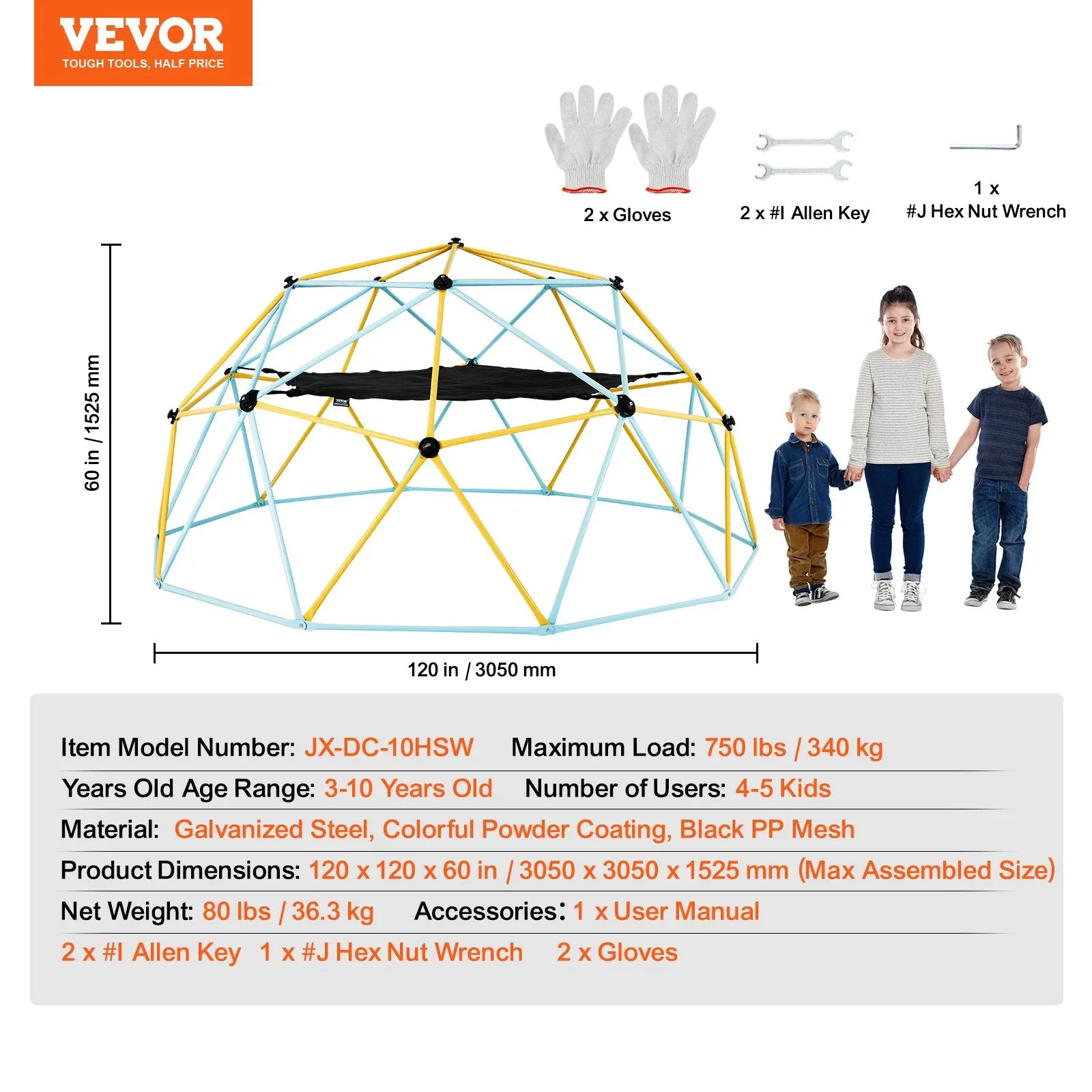 Vevor Climbing Dome 10' Jungle Gym Supports 750 Lbs. Outdoor Play Center with Swing and Hammock New