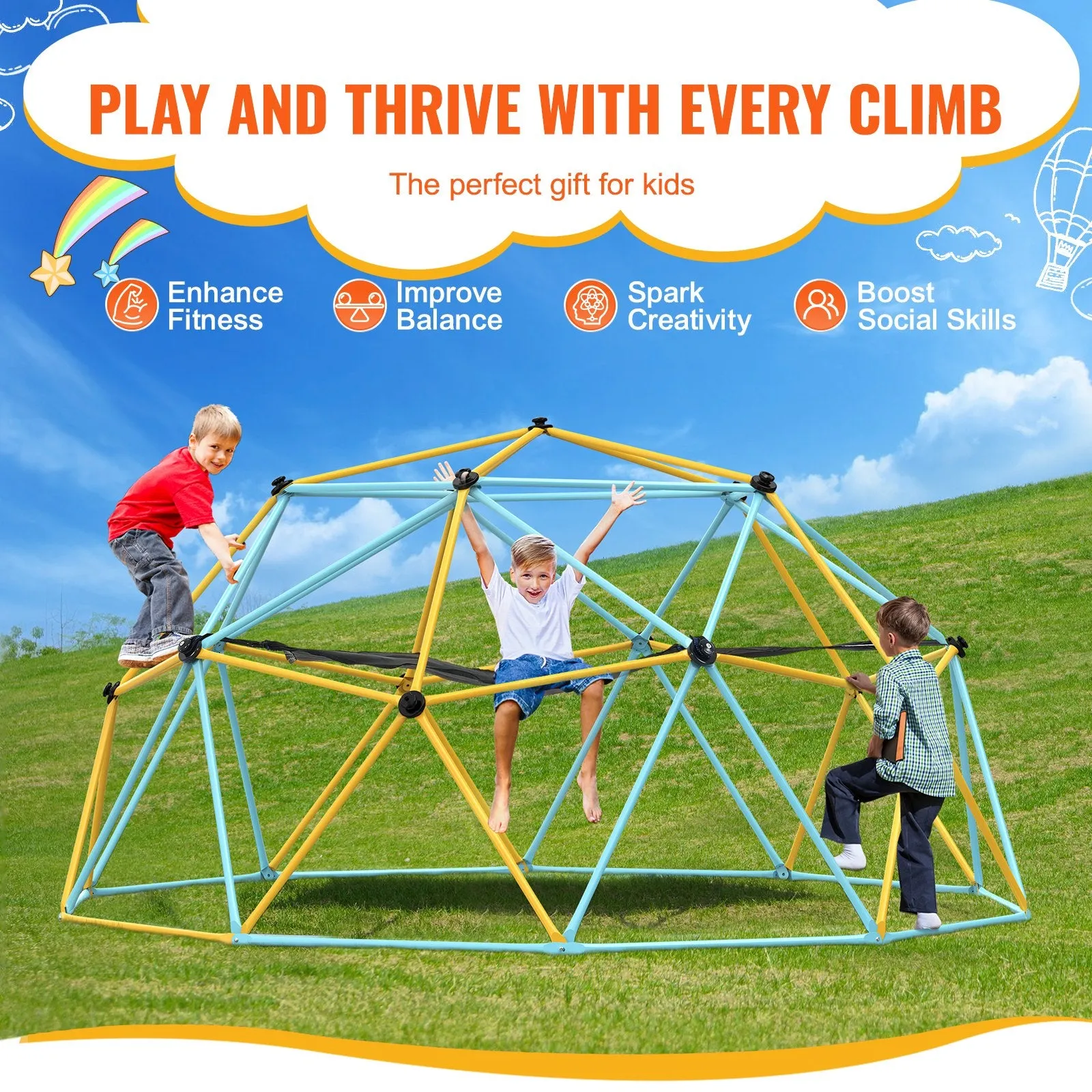 Vevor Climbing Dome 10' Jungle Gym Supports 750 Lbs. Outdoor Play Center with Swing and Hammock New